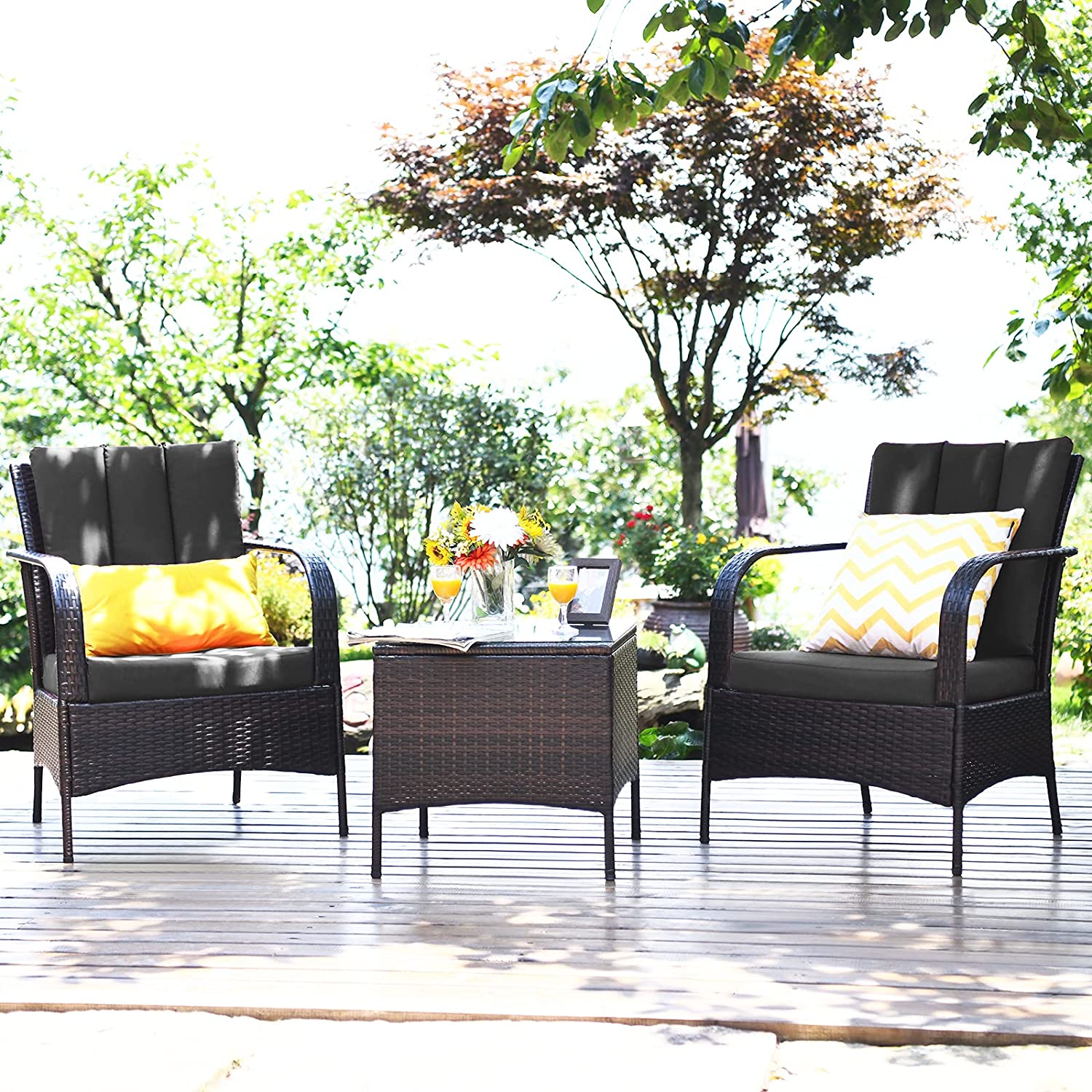 3-Pieces Outdoor Wicker Patio Conversation Furniture Set with Gray Cushion