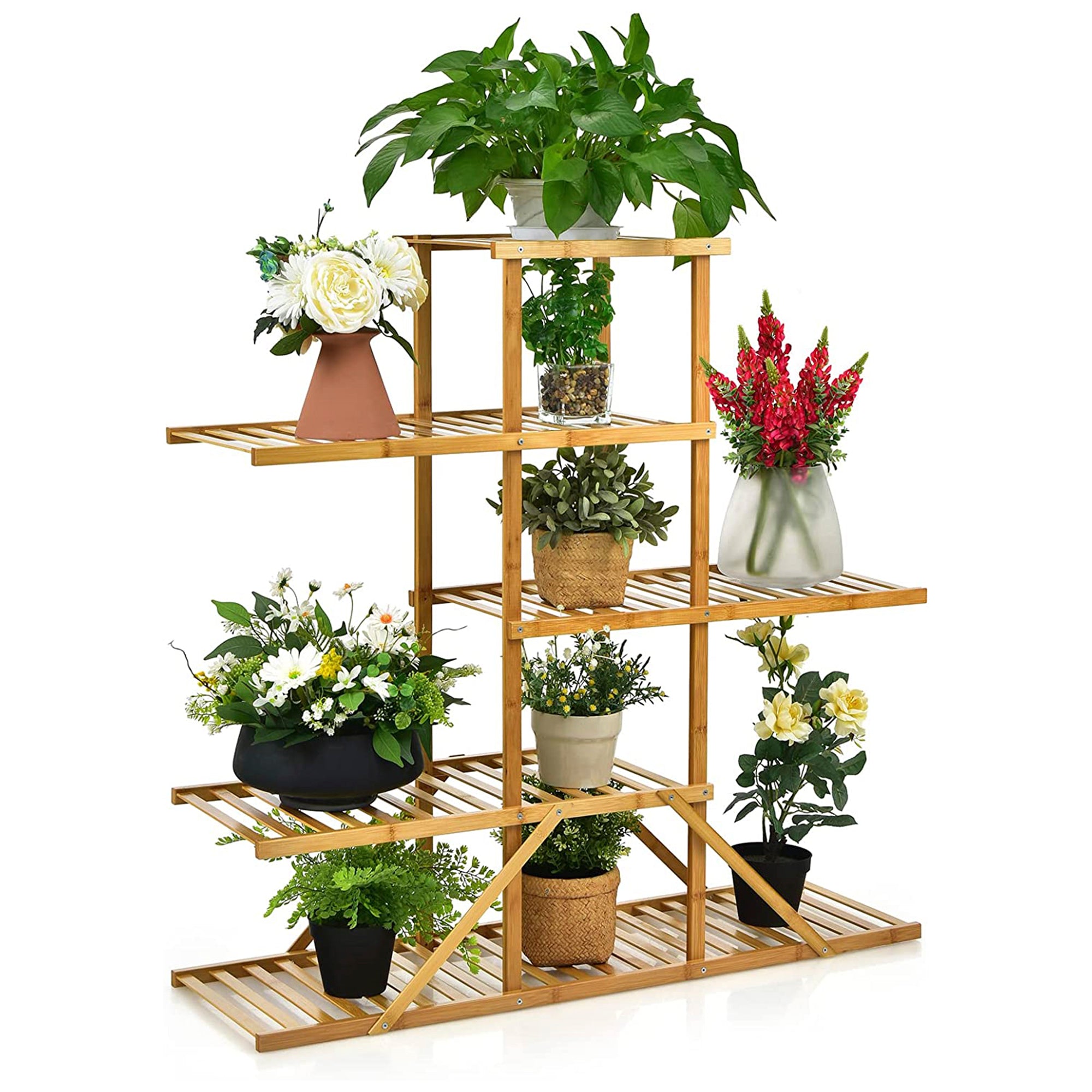 Indoor/Outdoor Natural Wood Plant Stand 10 Potted Plant Shelf Display Holder (5-Tier)