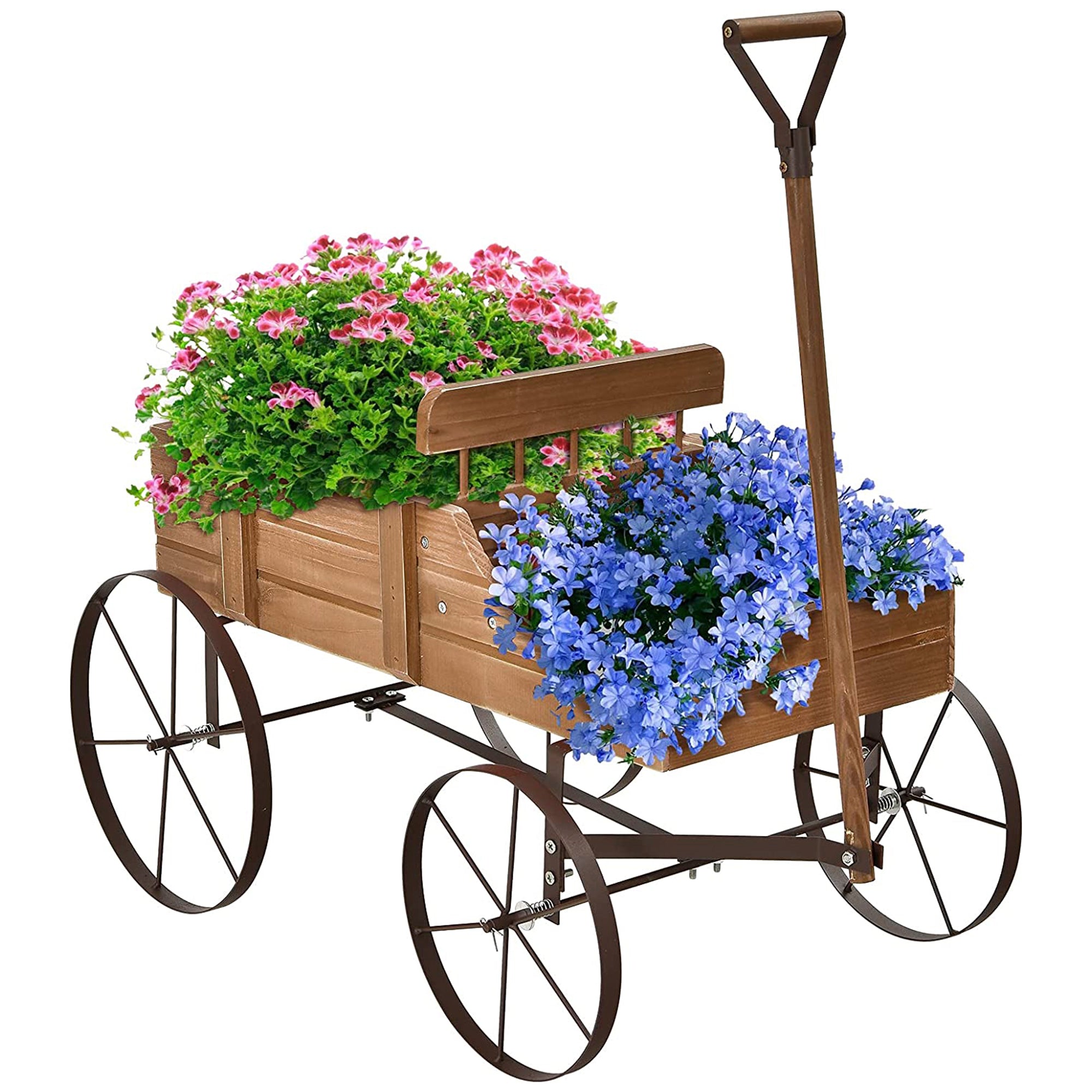 Wooden Wagon Plant Bed in Brown with Metal Wheels