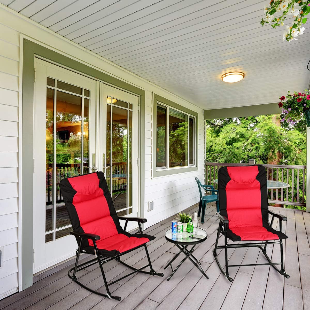 3-Piece Outdoor Folding Rocking Chair Conversation Set with Red and Grey Cushion