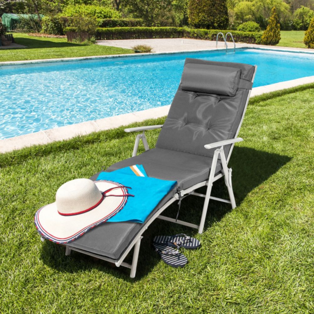 Metal Outdoor Folding Chaise Lounge with Gray Cushions
