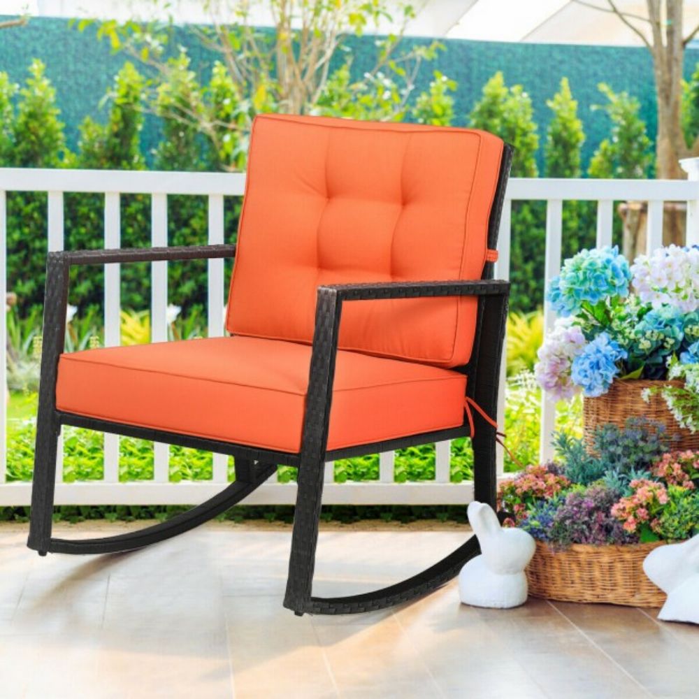 Patio Rattan Wicker Rocking Chair Outdoor Rocking Chair with Orange Cushions