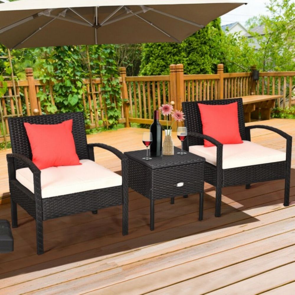 3-Piece Wicker Patio Conversation Set with White Cushions