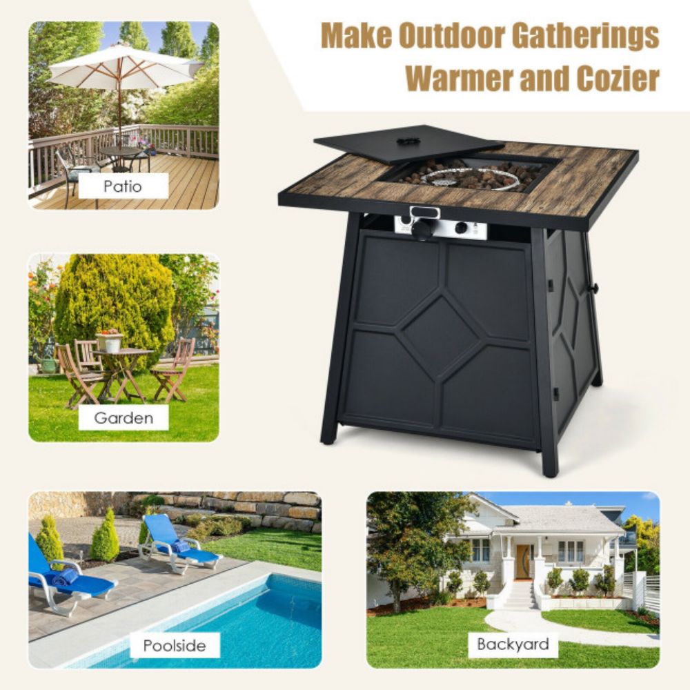 28 in. Outdoor Steel Square Propane Gas Fire Pit Table with Cover