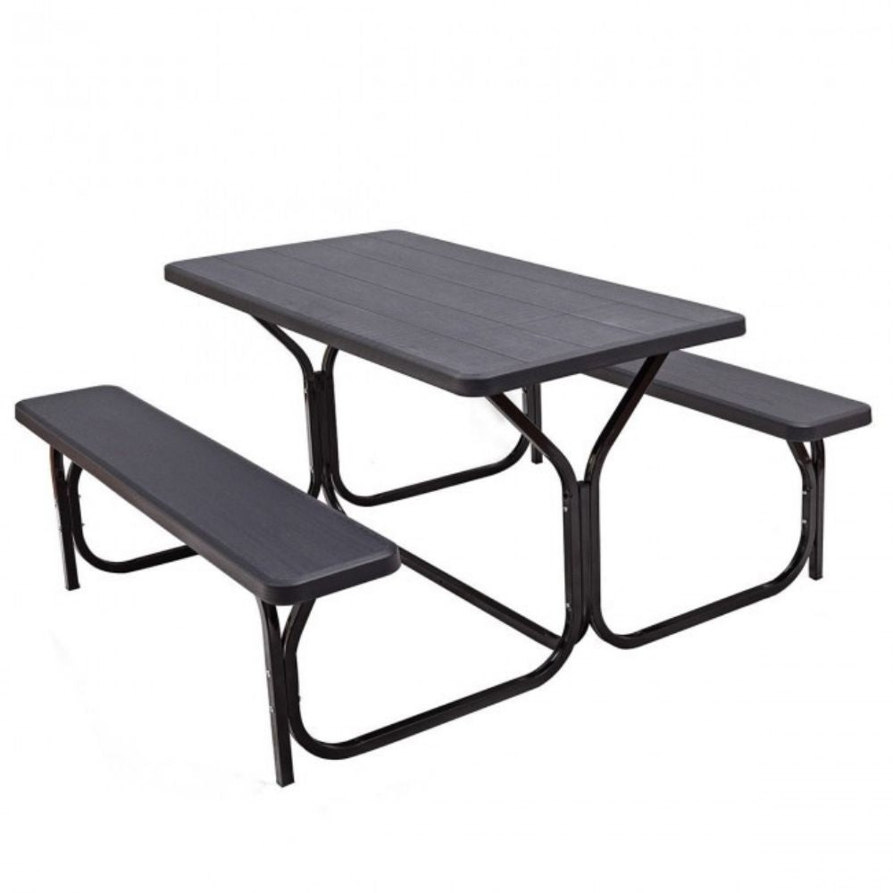 All-Weather Metal Outdoor Picnic Table Bench Set with Metal Base Wood