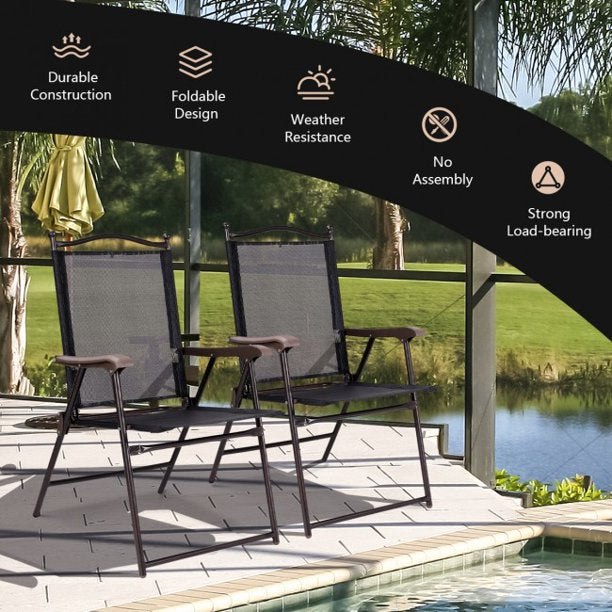 2 Pieces Patio Folding Portable Sling Back Camping Deck Chairs Black