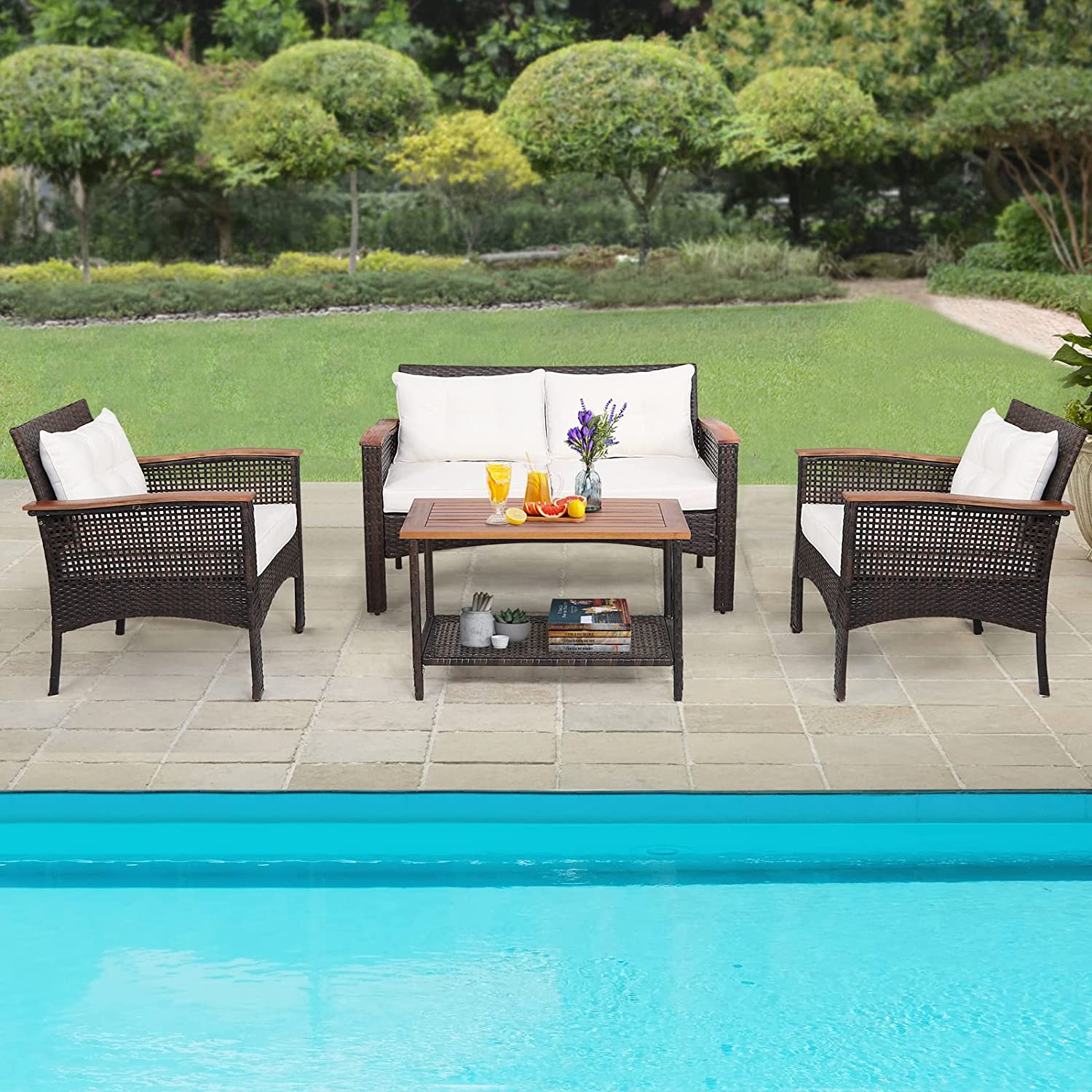 4-Pieces Patio Rattan Acacia Wood Patio Conversation Set with White Cushions