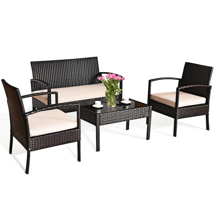 Brown 4-Piece Wicker Patio Conversation Set with Beige Cushions and Storage Coffee Table