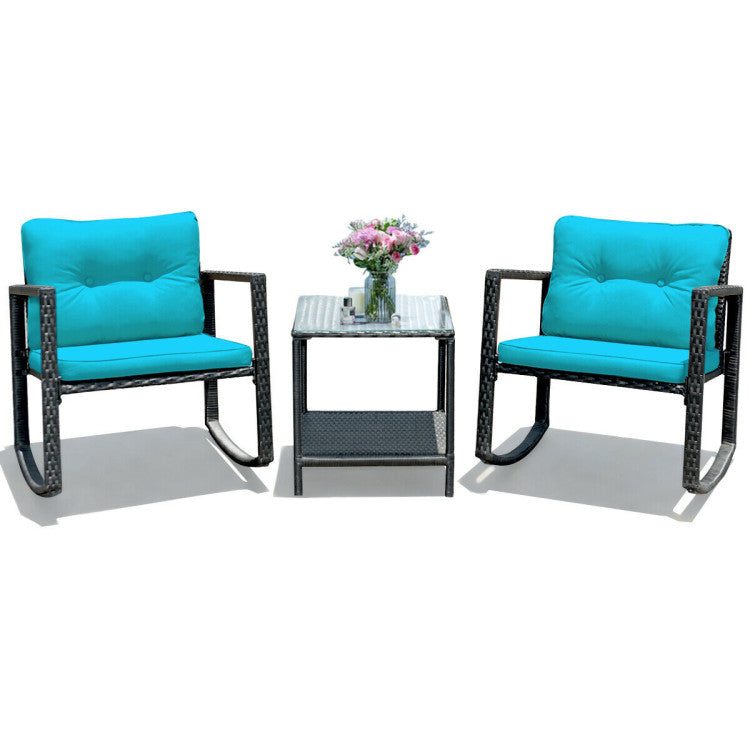 Black 3-Piece Wicker Outdoor Bistro Set with Green Cushions