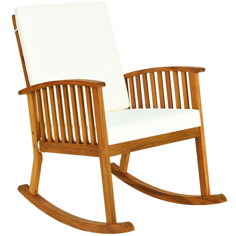 Acacia Wood Outdoor Rocking Chair with White Cushions