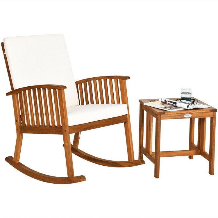 Acacia Wood Patio Outdoor Rocking Chair Table Sets with White Cushion