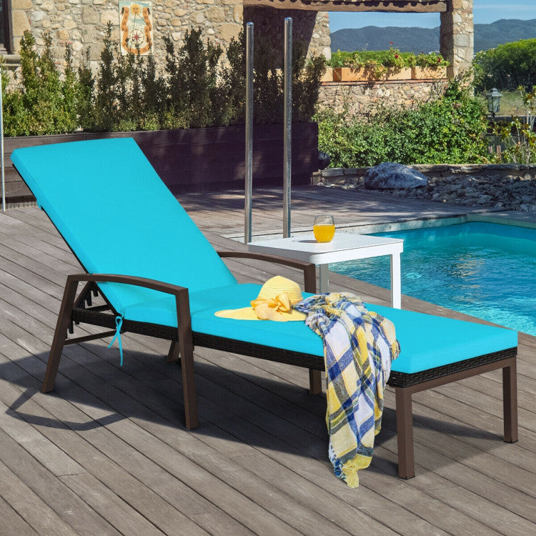 Brown Wicker Outdoor Patio Chaise Lounge Chair Adjustable Recliner with Green Cushions