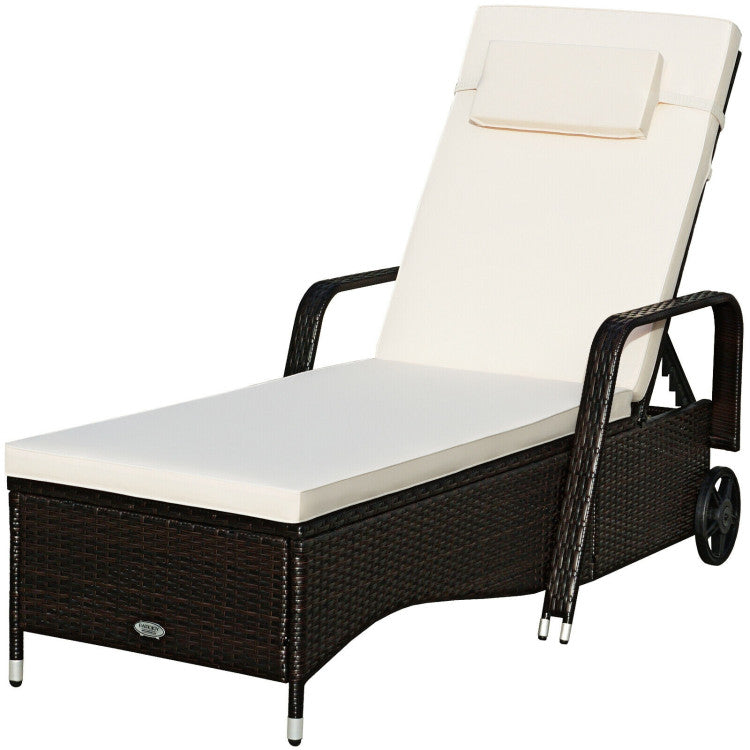 Brown Wicker Outdoor Chaise Lounge Recliner with Beige Cushions