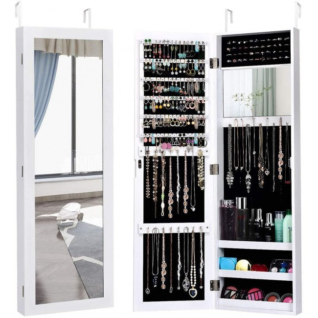 SUGIFT Wall Door Mounted Mirrored Jewelry Cabinet Storage Organizer,White