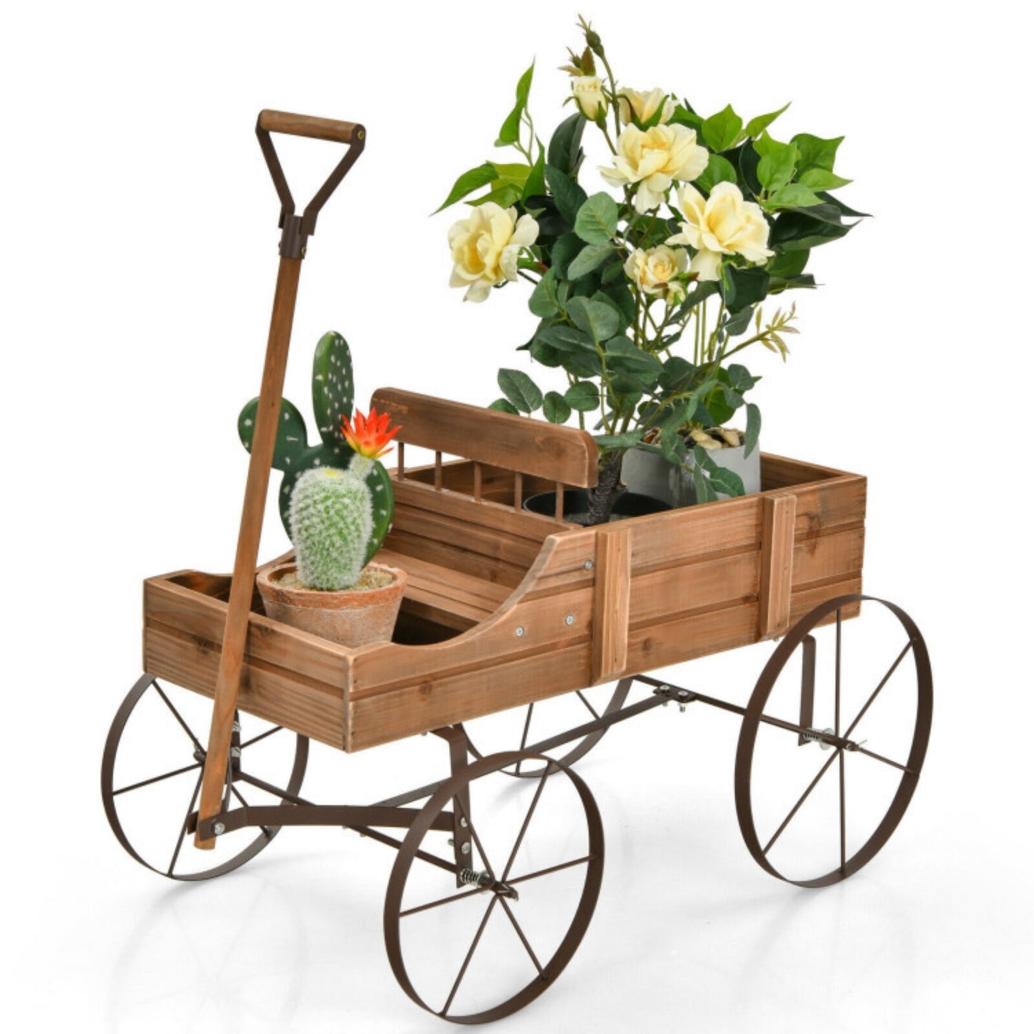 SUGIFT Wooden Wagon Plant Bed with Metal Wheels for Garden Yard, Brown