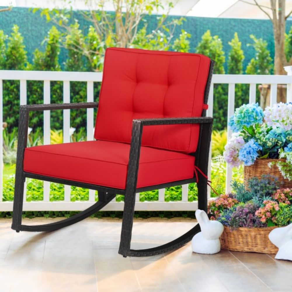 Patio Rattan Wicker Rocking Chair Outdoor Rocking Chair with Red Cushions