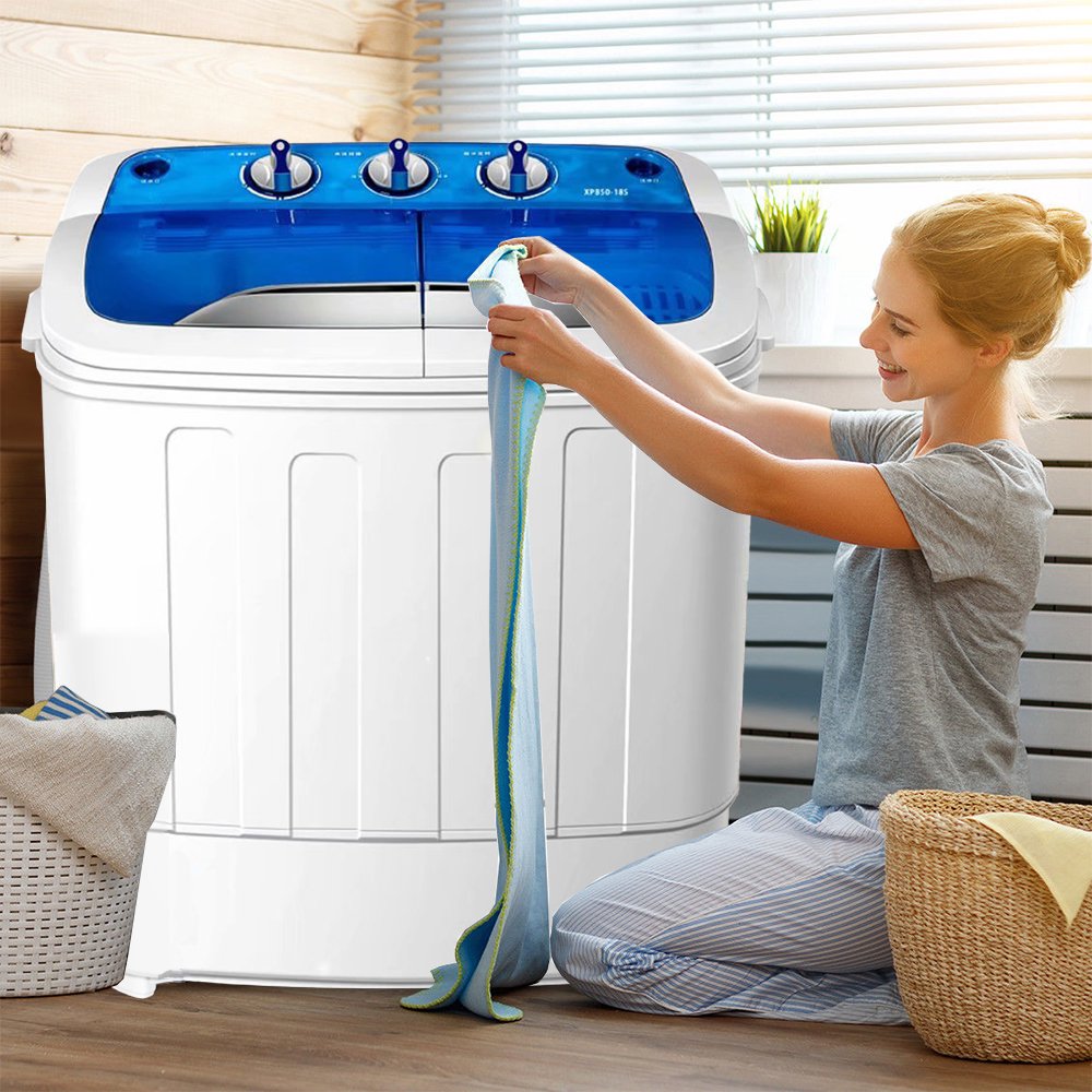 SUGIFT Washing Machine Electric Portable 2 in 1 Twin Tub Mini Laundry Washer and Spin Dryer Combo Washing Machine with Drain Hose for Apartments 13lbs Blue & White