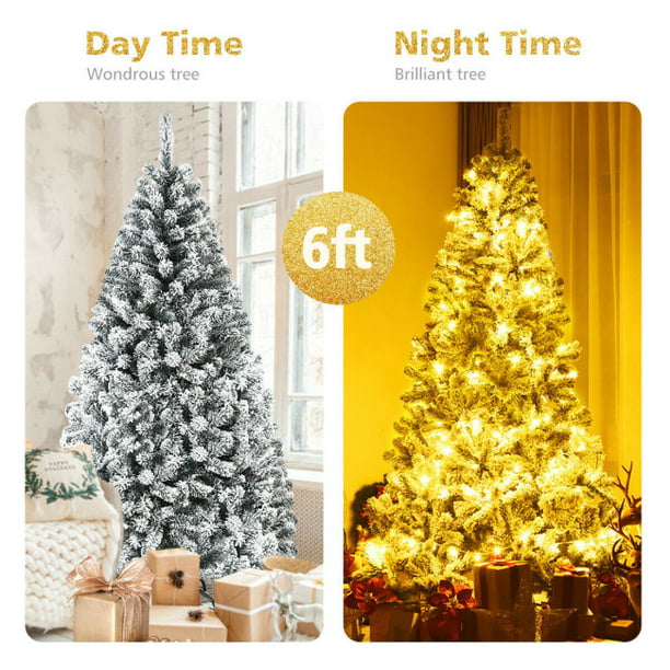 SUGIFT 6ft Artificial Snow Decorated Flocked Hinged Christmas Tree with Metal Stand, White