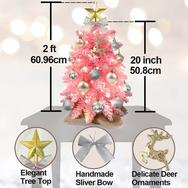 SUGIFT Exquisite Christmas Tree with Lights, 2ft Small Tabletop Mini Pink Artificial Xmas Tree with Christmas Ornaments