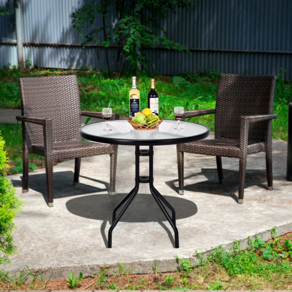 32 in. Patio Metal Round Outdoor Dining Table with Umbrella Hole and Tempered Glass