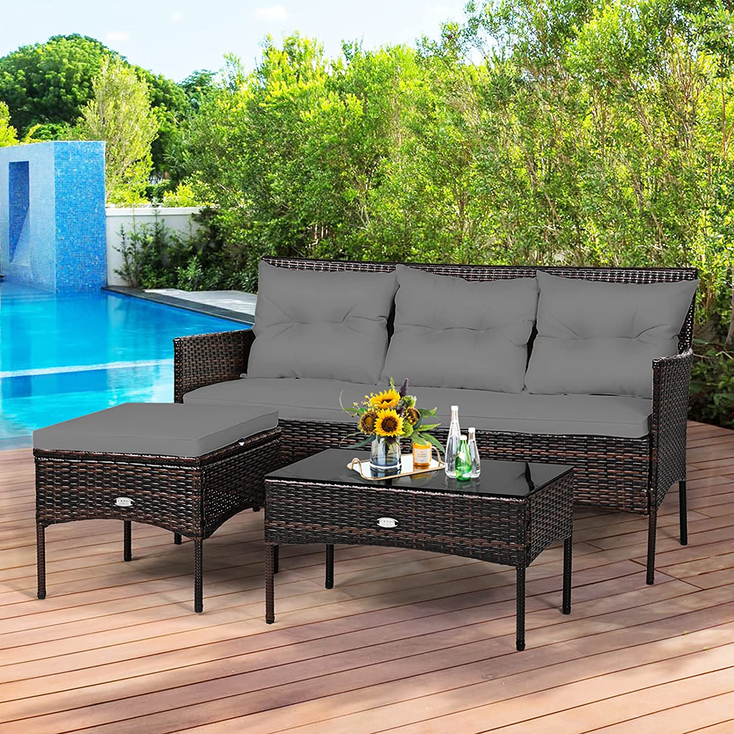 3-Piece Wicker Outdoor Sectional Conversation Set with 5 Gray Seat and Back Cushions