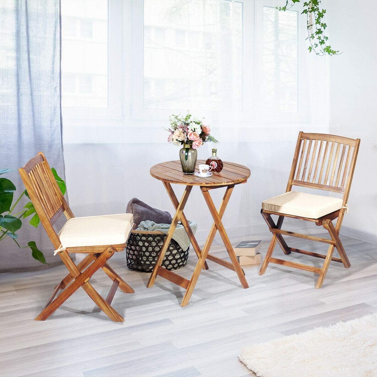 3-Piece Patio Folding Wooden Outdoor Bistro Set with Off White Cushions
