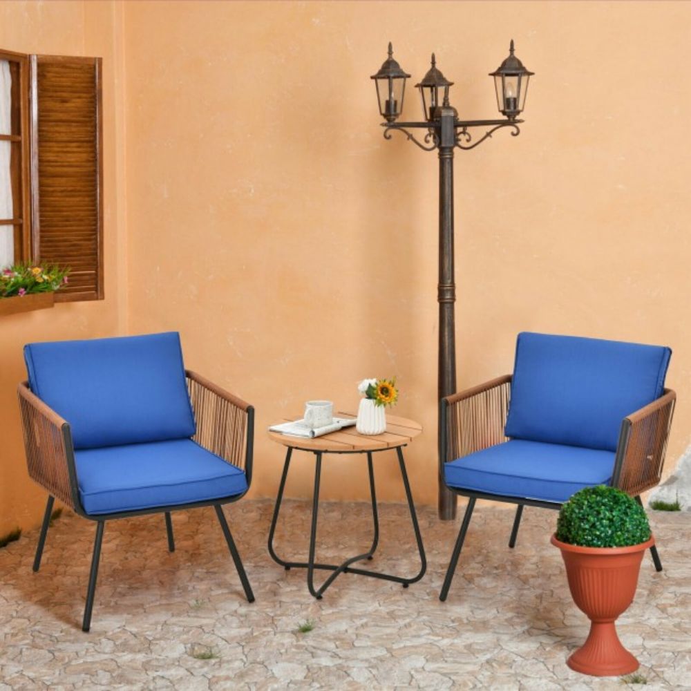 3-Piece Metal Outdoor Bistro Patio Furniture Set with Armrest and Blue Cushions