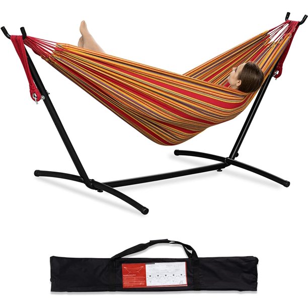 2-Person Hammock with Space Saving Steel Stand Garden Yard Outdoor 450lb Capacity Double Hammocks and Portable Carrying Bag (Red)