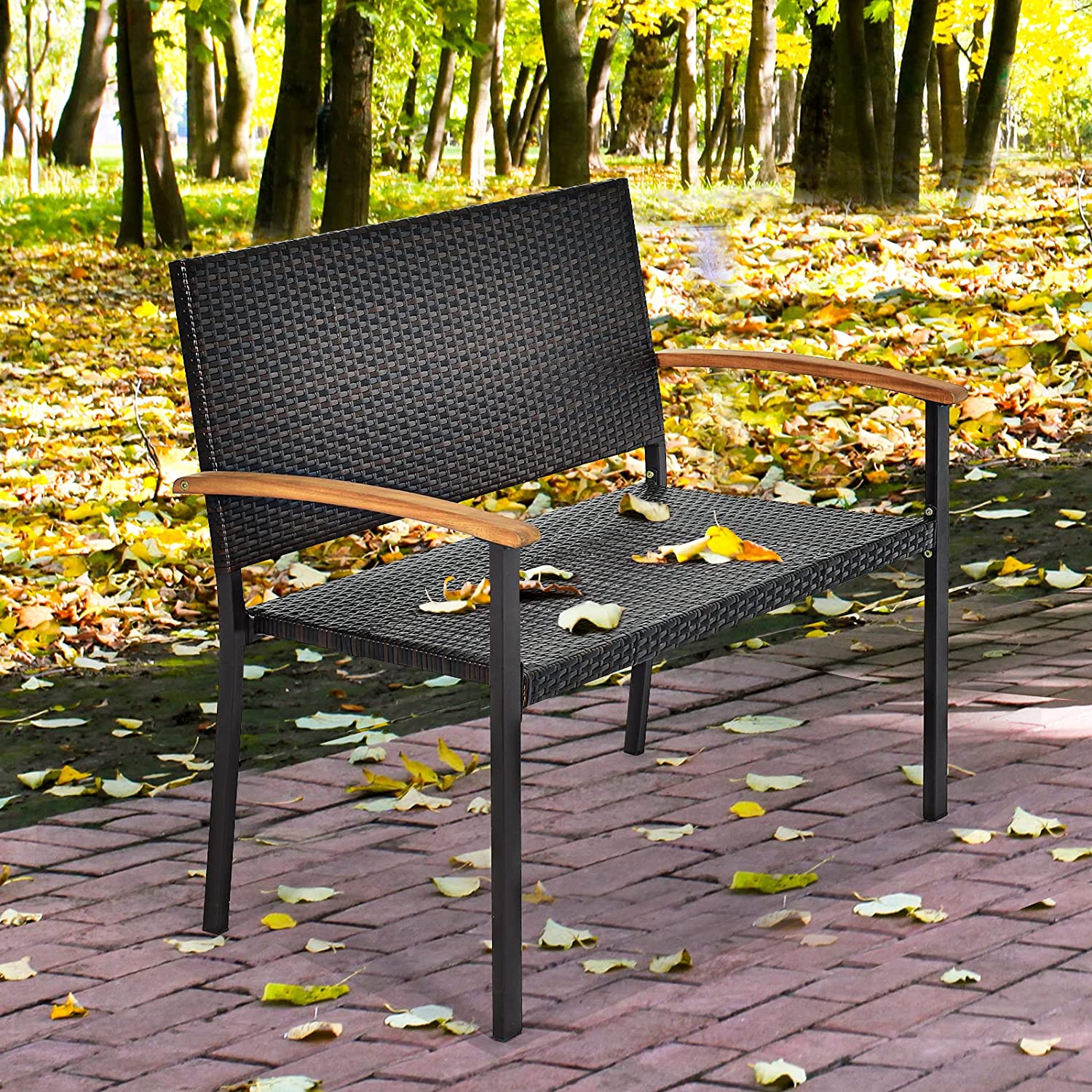 45 in. Outdoor Patio Rattan Wicker Bench with Acacia Armrest