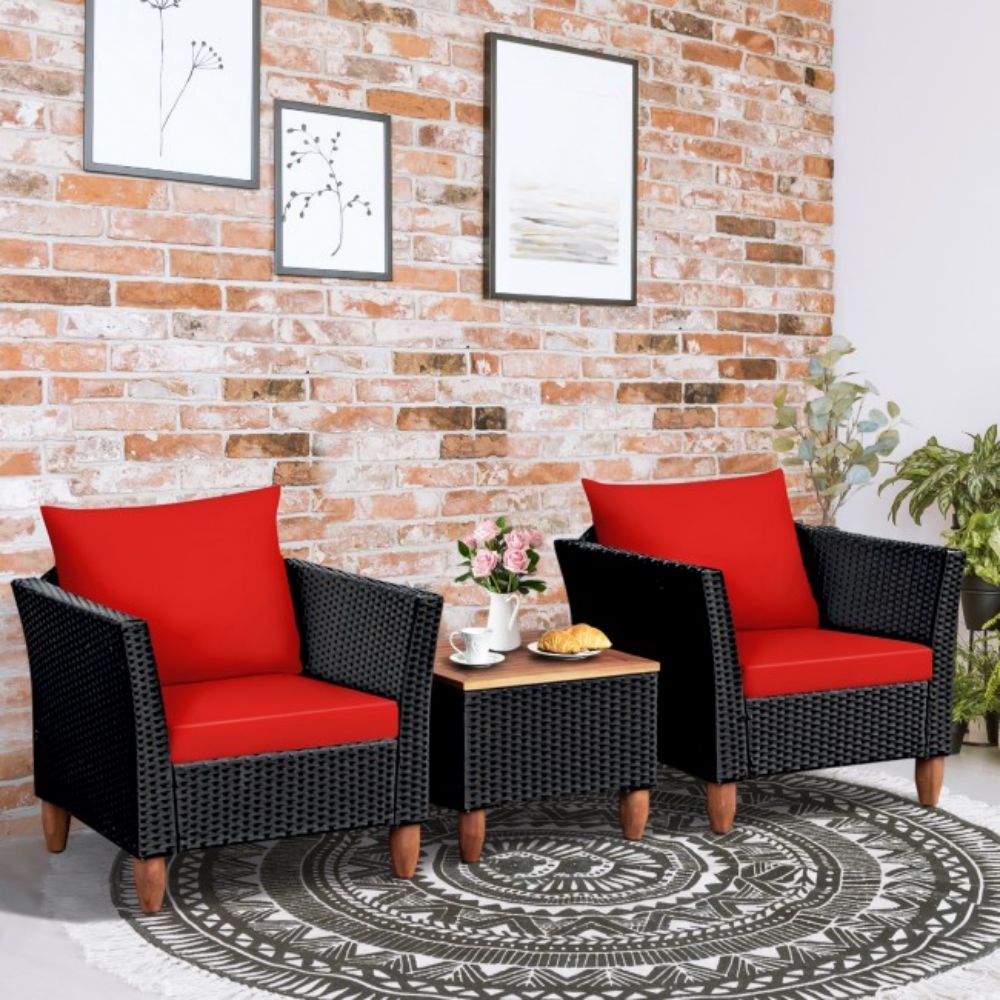 3-Pieces Outdoor Patio Rattan Conversation Set with Red Cushions