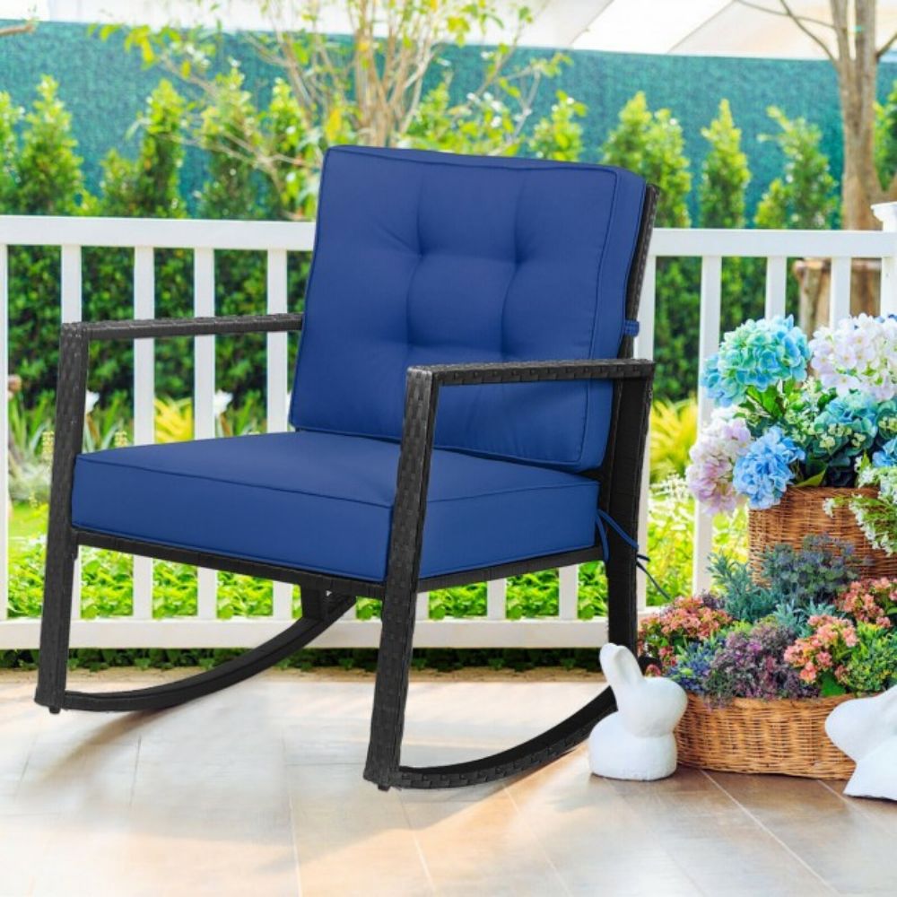 Patio Rattan Wicker Rocking Chair Outdoor Rocking Chair with Navy Cushions