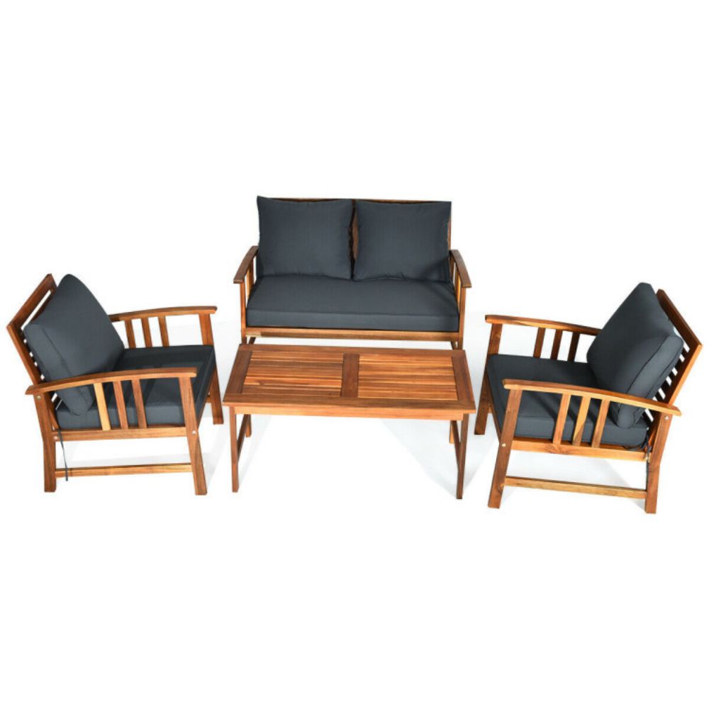4-Piece Acacia Wood Outdoor Patio Conversation Set with Gray Cushions
