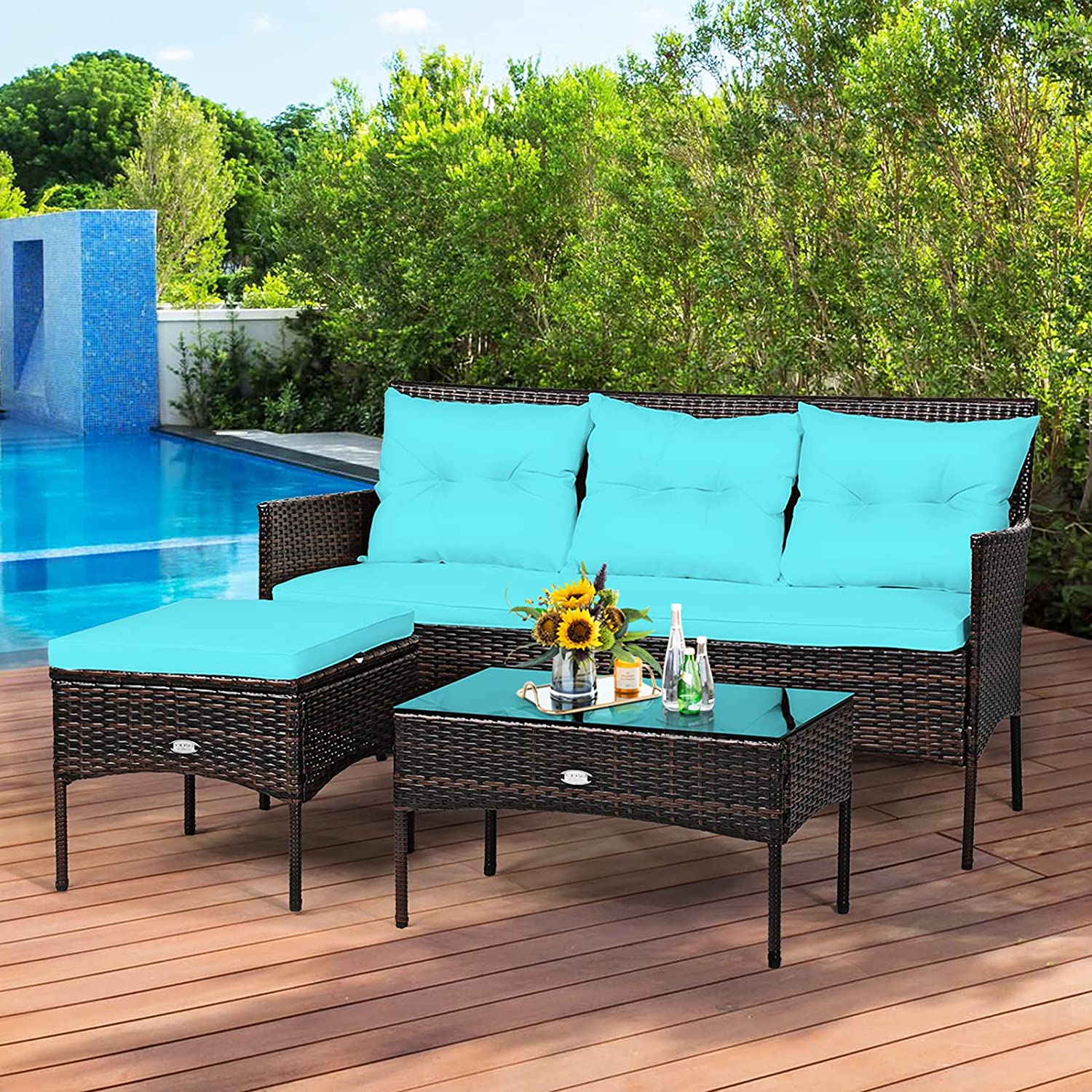 3-Piece Wicker Outdoor Sectional Conversation Set with Turquoise Seat and Back Cushions