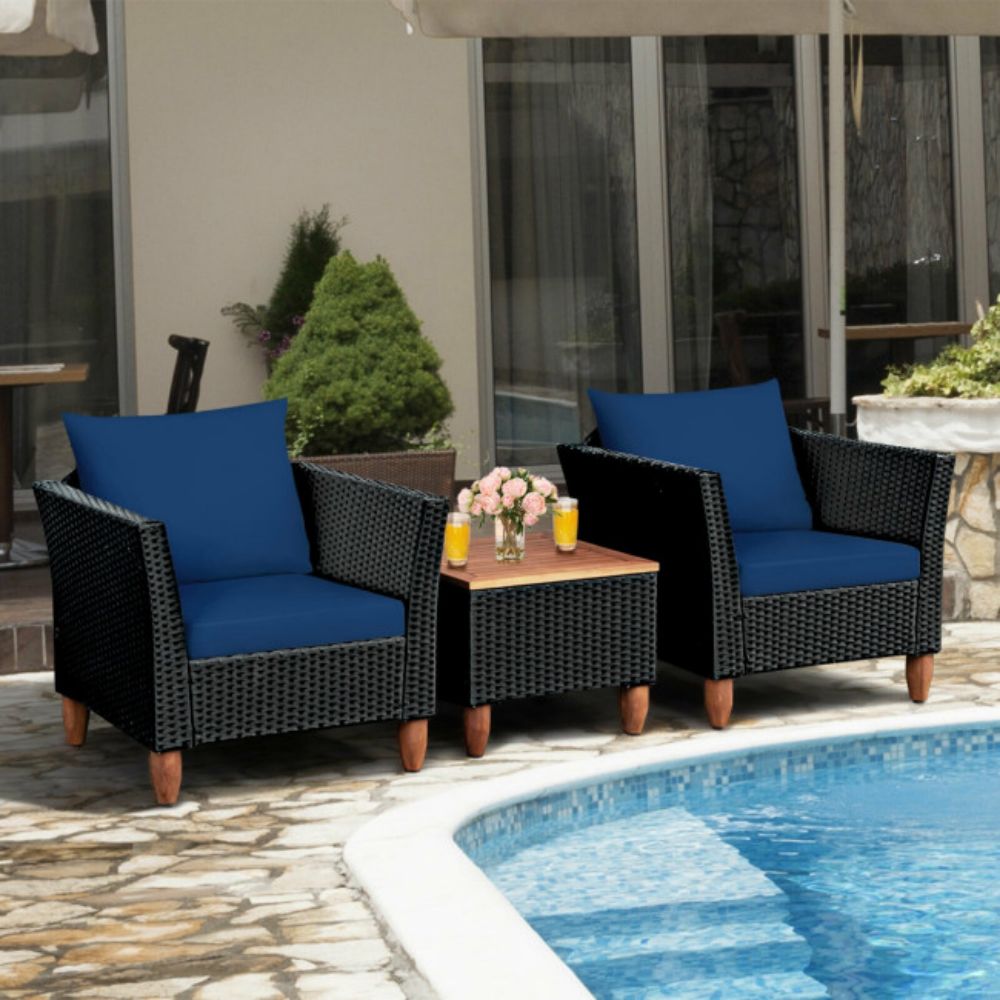 3-Pieces Rattan Outdoor Patio Conversation Set with Navy Cushions