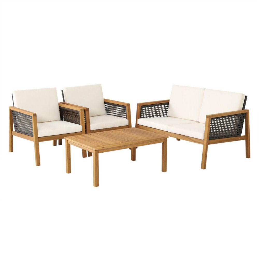 4-Pieces Wooden Outdoor Patio Conversation Set with White Cushions