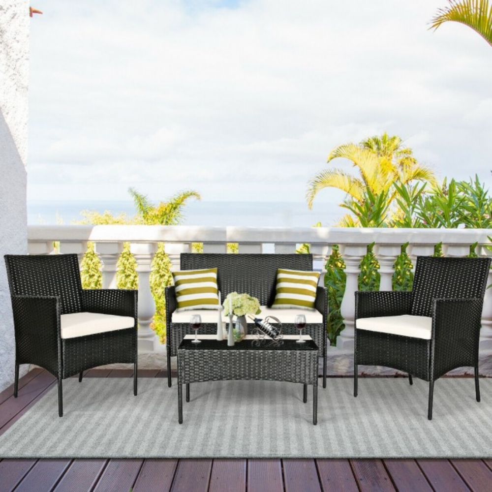 4-Piece Rattan Outdoor Conversation Seating Set with White Cushion and Patio Tempered Glass Table