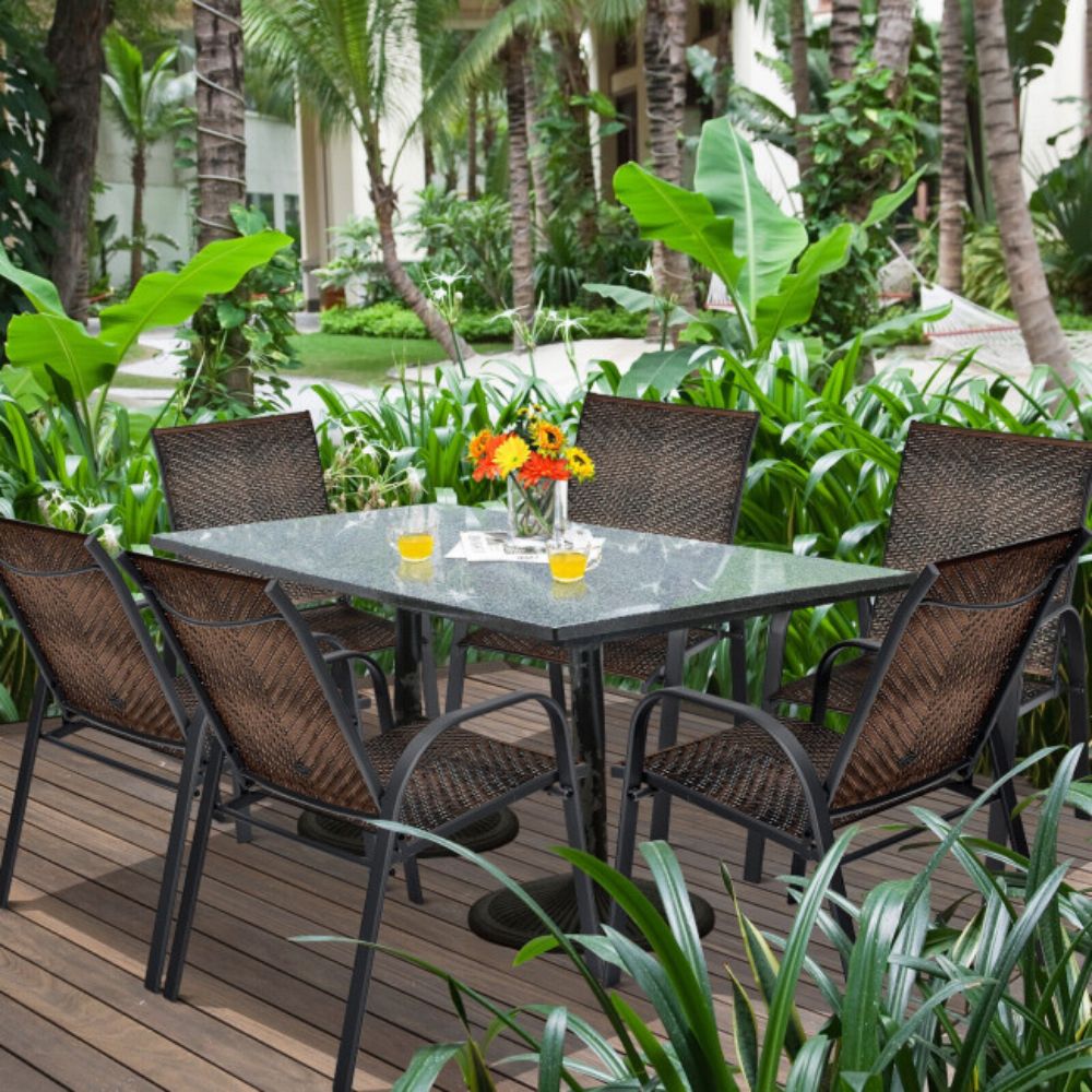 Brown PE Wicker Outdoor Stackable Dining Chairs (Set of 6)