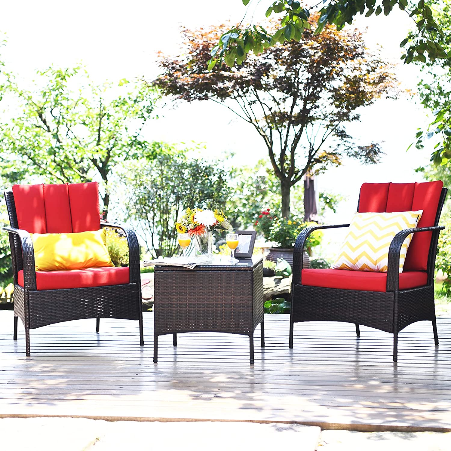 3-Pieces Outdoor Wicker Patio Conversation Furniture Set with Red Cushion