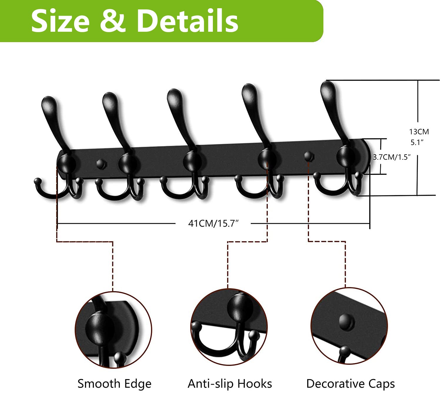 Coat Rack Wall Mount - 5 Tri Hooks,Stainless Steel Heavy Duty Coat Hat Hanger for Wall Organized and Storage,Black, 2 Packs