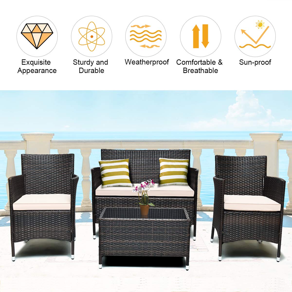 4-Piece Wicker Patio Conversation Set with Beige Cushion