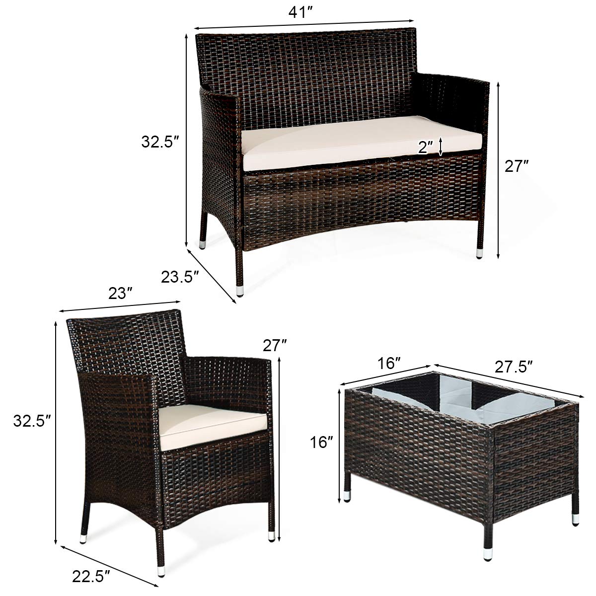 4-Piece Wicker Patio Conversation Set with Beige Cushion
