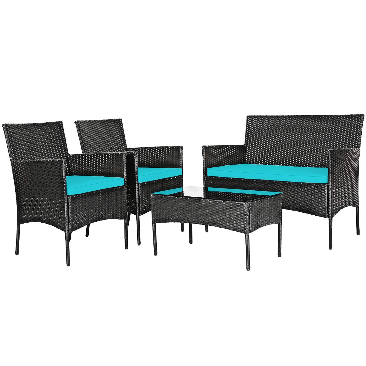 4-Piece Wicker Patio Conversation Seating Set with Tempered Glass Coffee Table and Turquoise Cushions