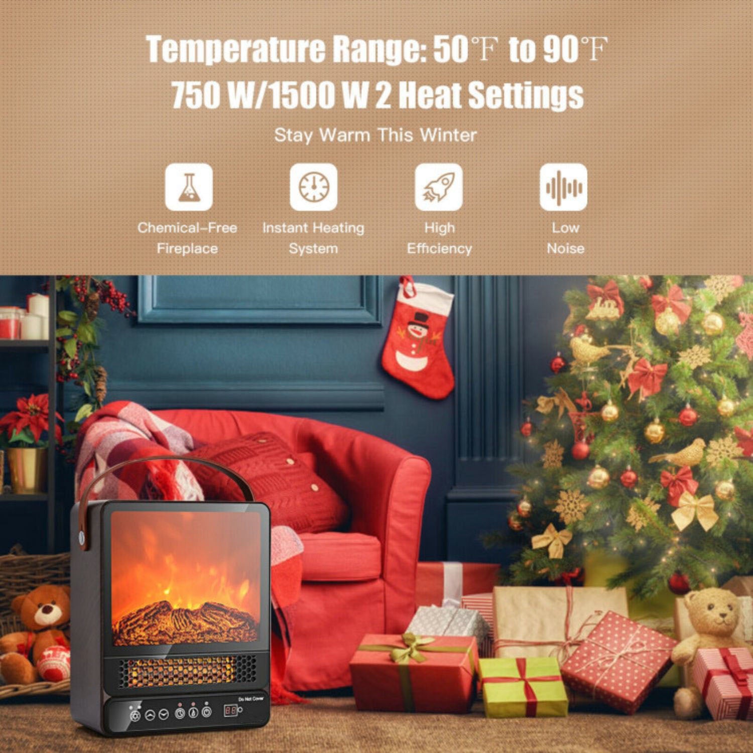 SUGIFT 1500W Electric Fireplace Tabletop Portable Space Heater with 3D Flame Effect-Walnut