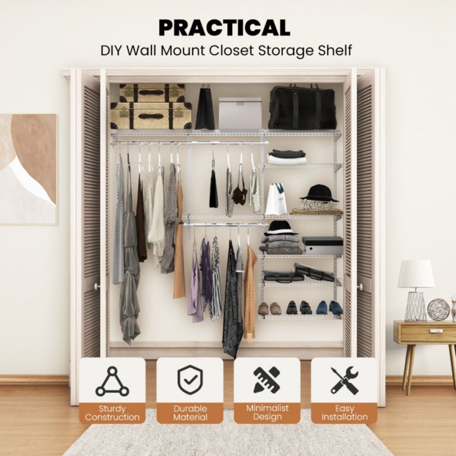 SUGIFT Adjustable Closet Organizer Kit with Shelves and Hanging Rods for 4 to 6 Feet-Gray