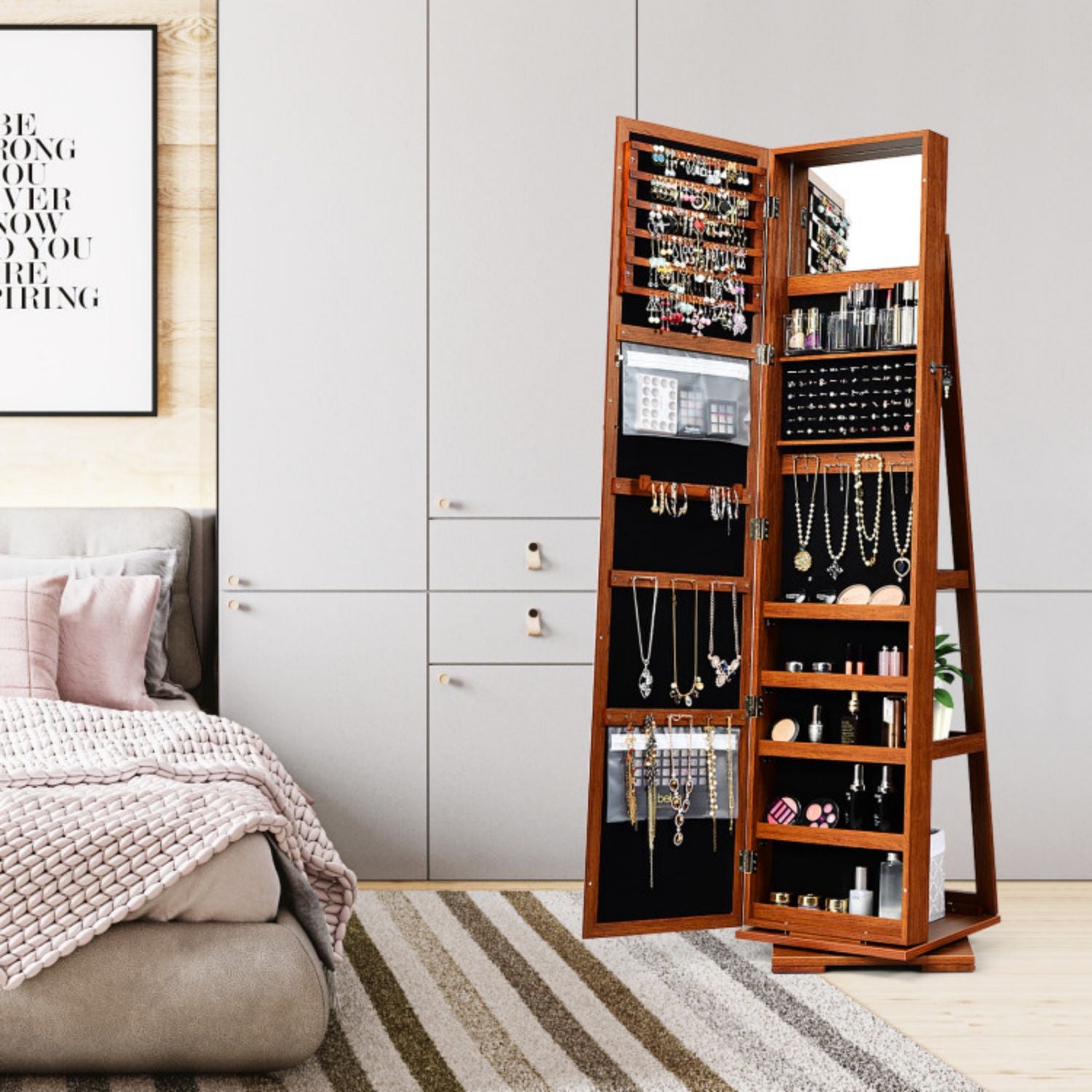 SUGIFT 360¡ã Rotatable 2-in-1 Lockable Jewelry Cabinet with Full-Length Mirror-Brown