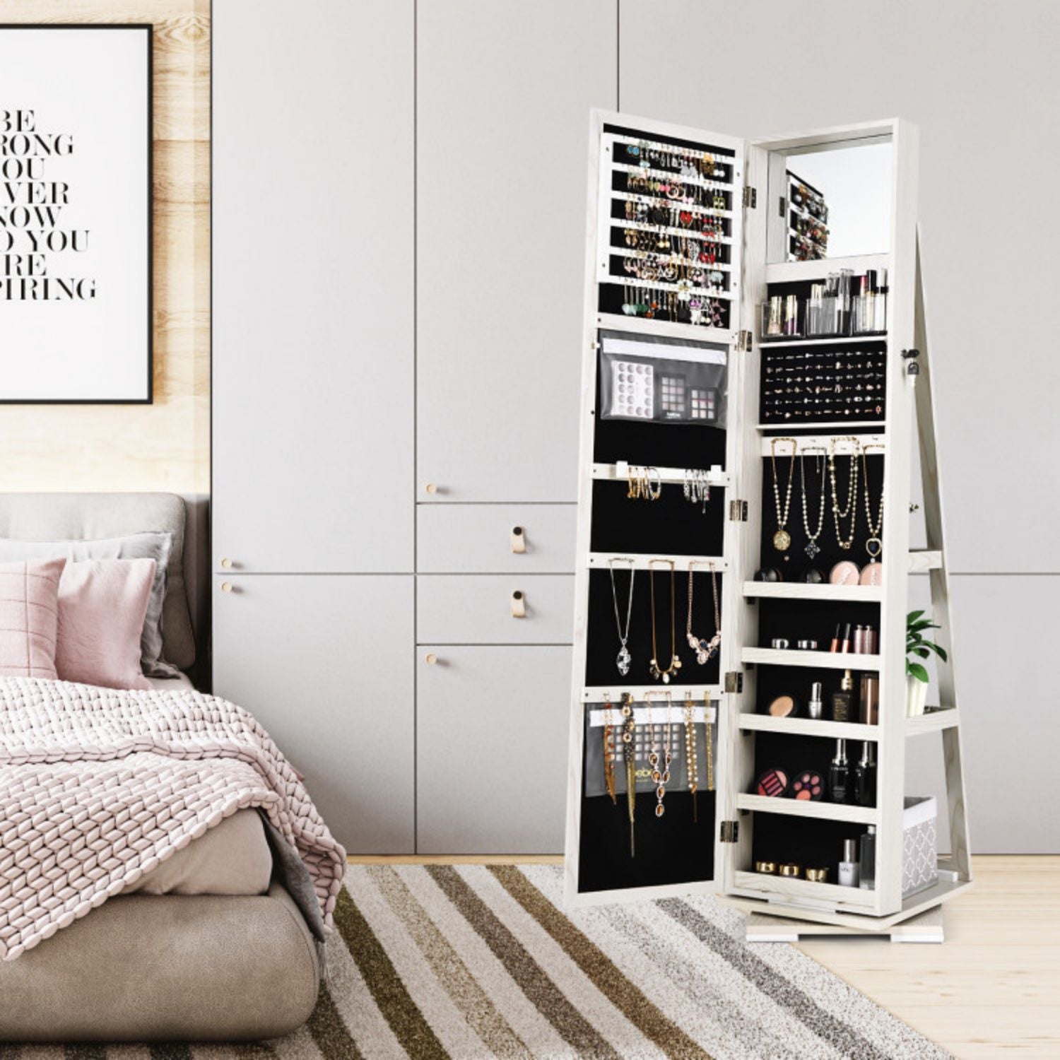 SUGIFT 360¡ã Rotatable 2-in-1 Lockable Jewelry Cabinet with Full-Length Mirror-White
