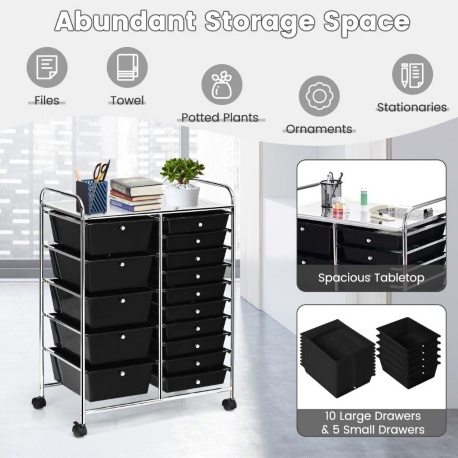 SUGIFT 15-Drawer Utility Rolling Organizer Cart Multi-Use Storage-Black