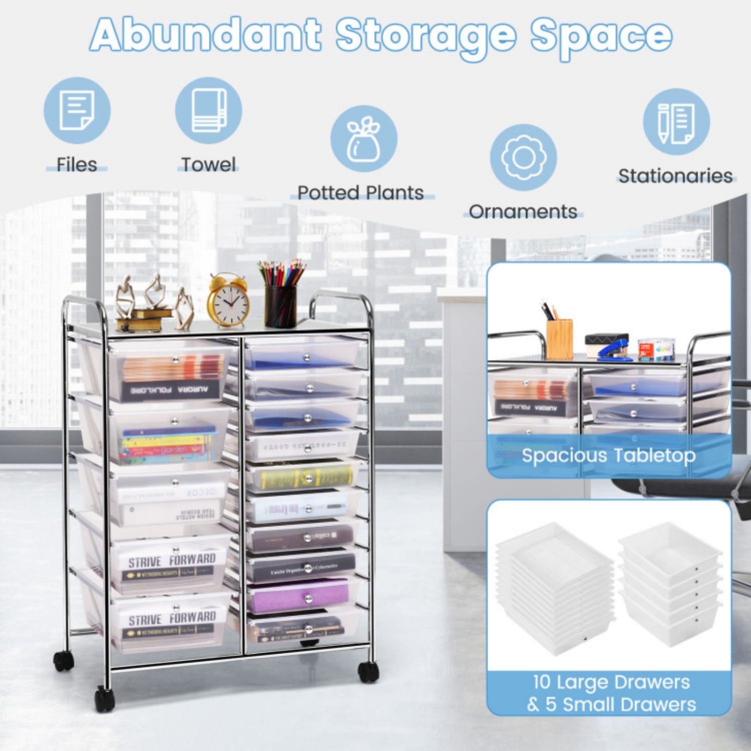 SUGIFT 15 Drawers Rolling Storage Cart Organizer-clear