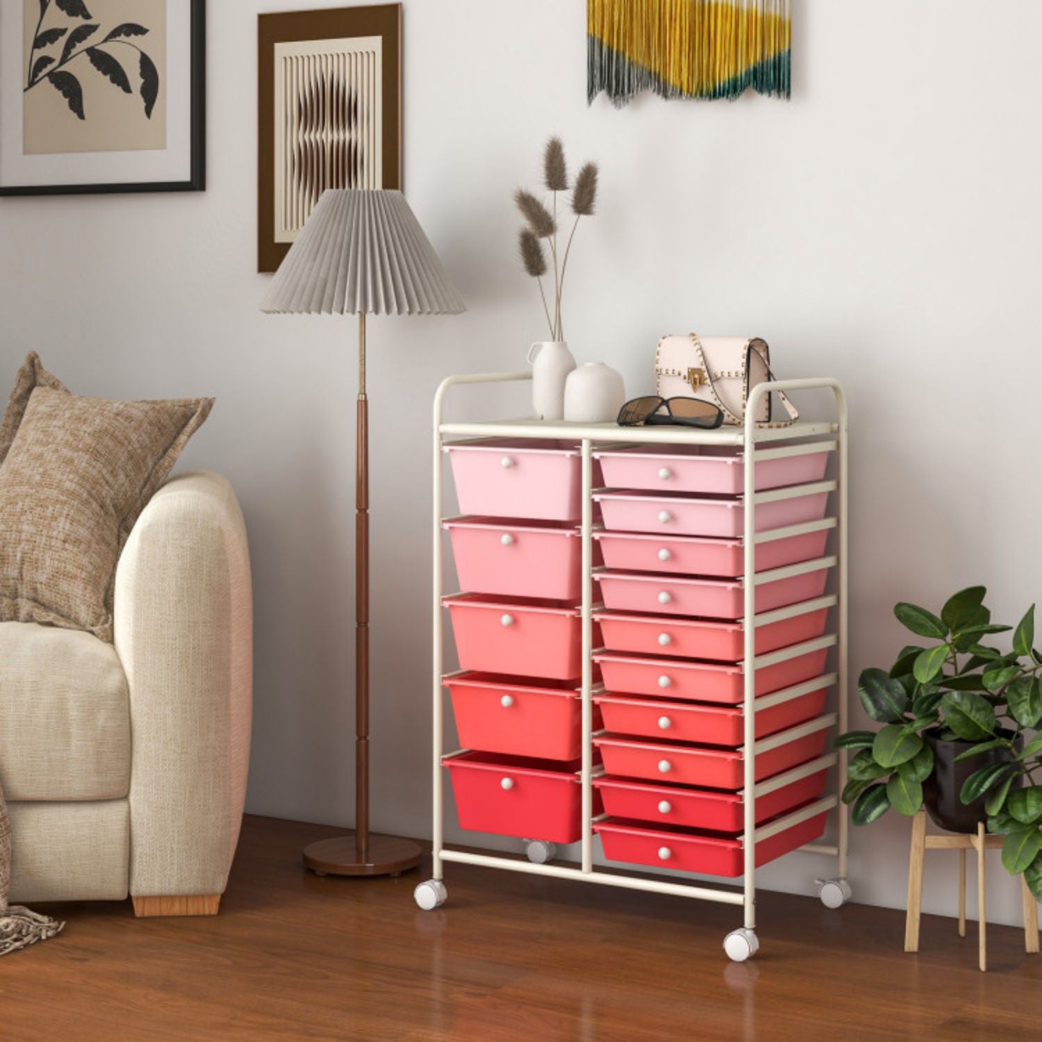SUGIFT 15-Drawer Utility Rolling Organizer Cart Multi-Use Storage-Pink
