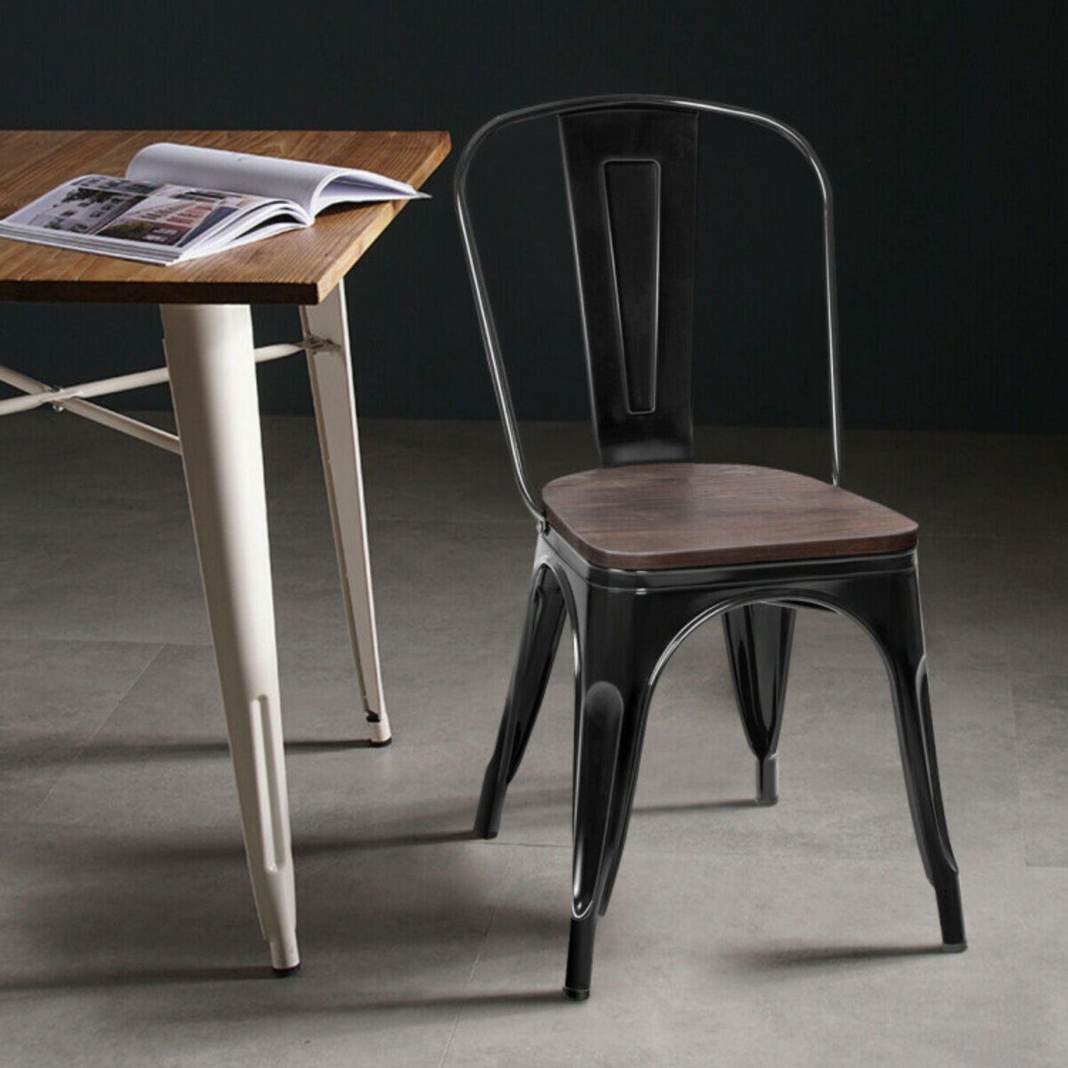 SUGIFT 18 Inch Height Set of 4 Stackable Style Metal Wood Dining Chair-Black